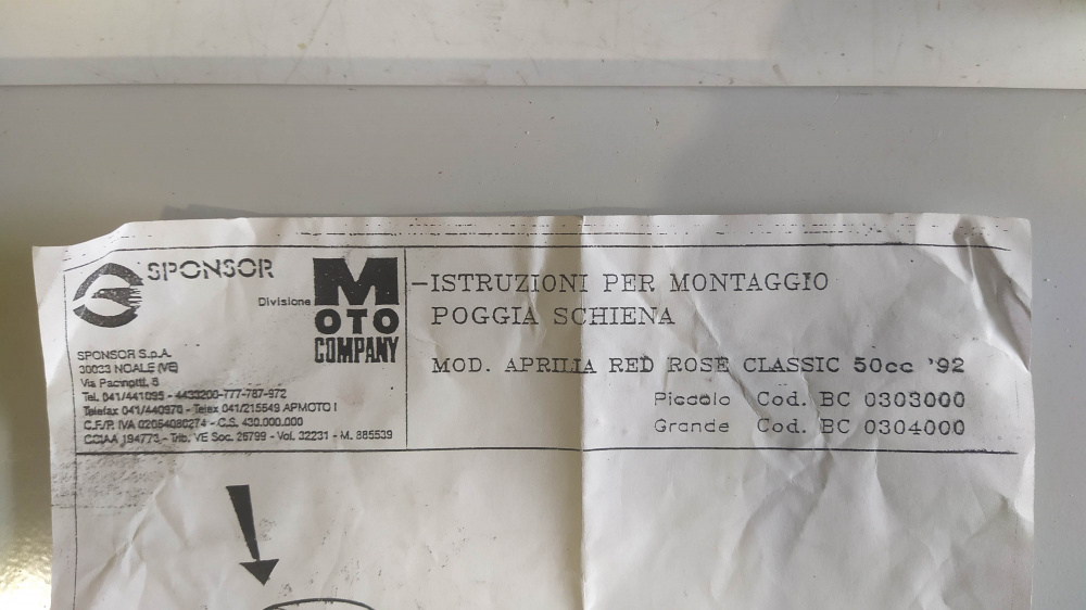 schienale aprilia moto company red rose classic 50cc ´92
