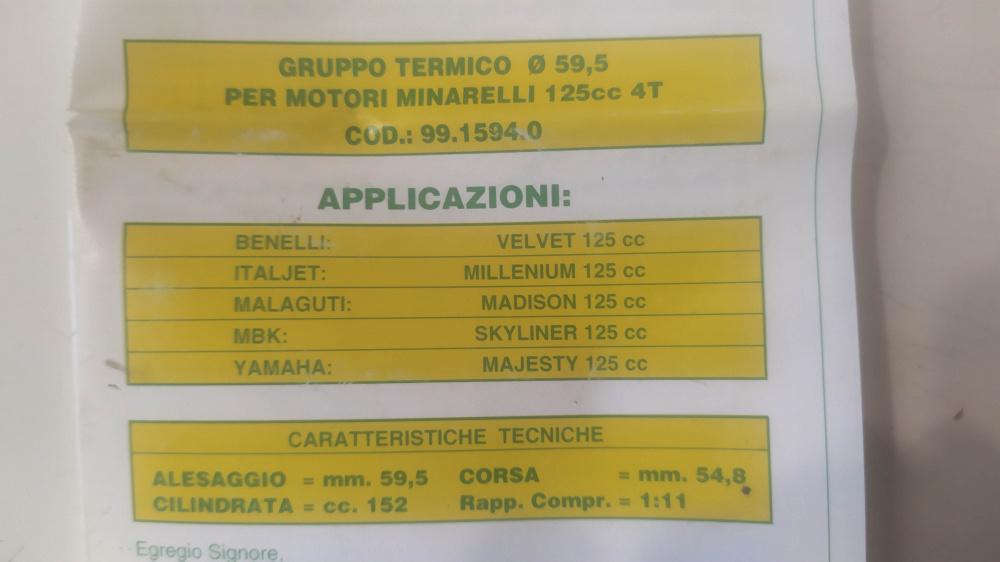 cilindro completo top performance motori minarelli 125 4t benelli velvet 125 - italjet millenium 125 - malaguti madison 125 - mbk skyliner 125 - yamaha majesty 125 4t