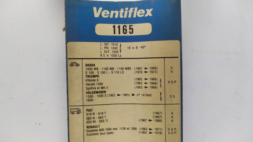 cinghia ventiflex 1165 skoda 1000/1100 ´67-´69 - triumph vitesse herald spitfire ´62 - volkswagen 1500/1600 ´62 - fiat 619/683/693 ´67 - renault estafette